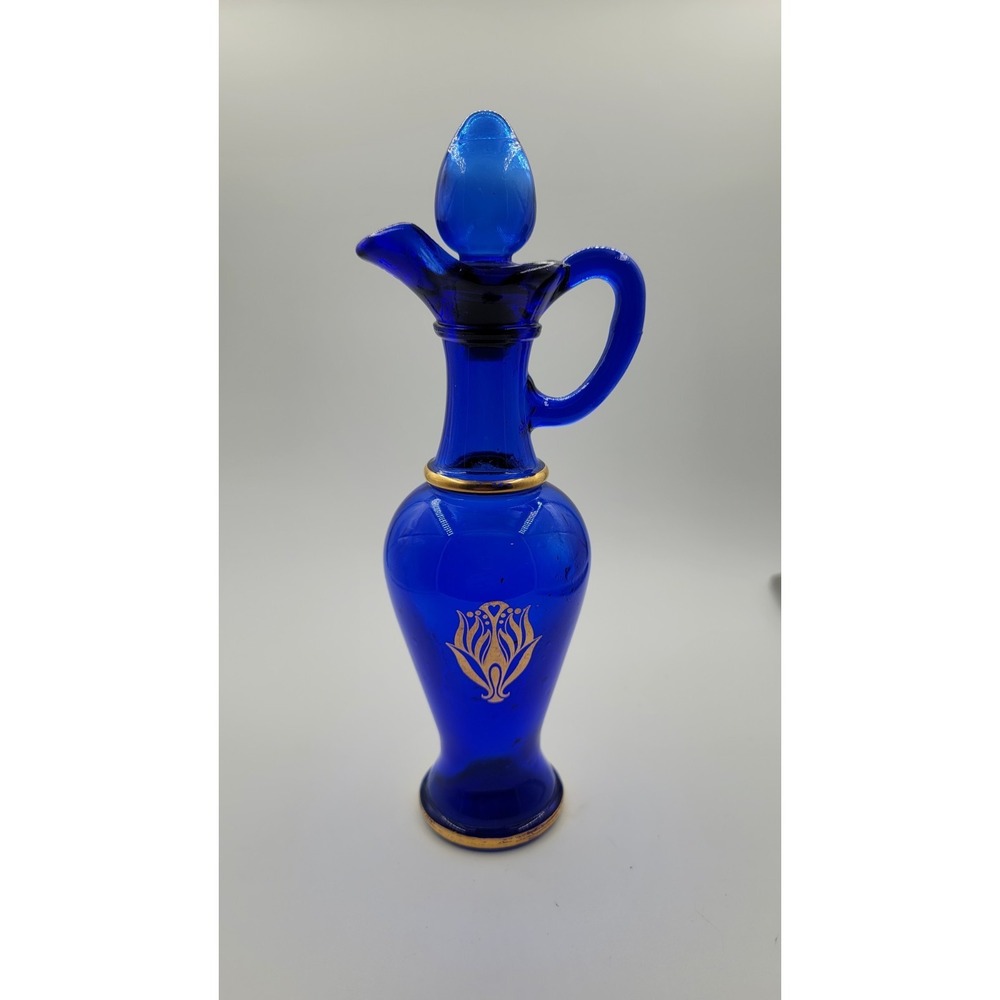 Empty Vintage Avon 70s Cobalt Blue Gold Glass Oil Bottle Pitcher Decanter 9"